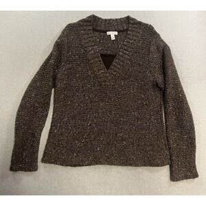Charter Club Sweater Women's Large Brown Wool Blend V-Neck Marbled Textured Knit